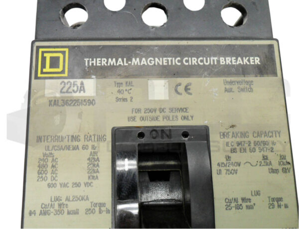 SQUARE D KAL362251590 /2 THERMAL MAGNETIC CIRCUIT BREAKER 225A 600VAC 250VDC - Image 4