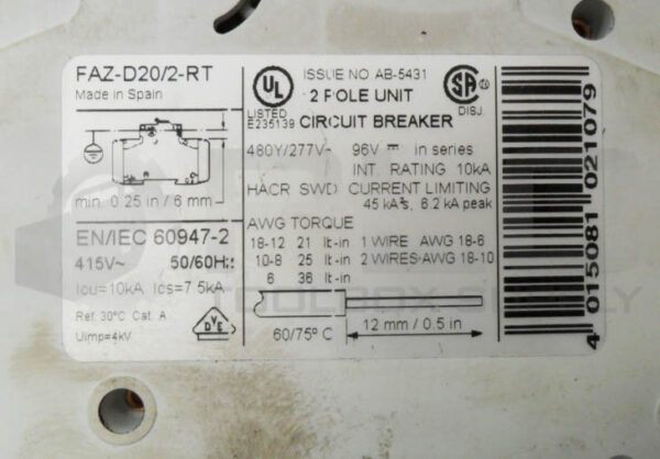 MOELLER FAZ-D20/2-RT CIRCUIT BREAKER 2 POLE 20A 480V W/ Z-NHK AUXILIARY BLOCK - Image 5