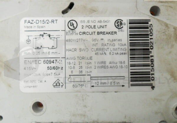 MOELLER FAZ-D15/2-RT CIRCUIT BREAKER 2 POLE 15A 480V 50/60HZ - Image 5