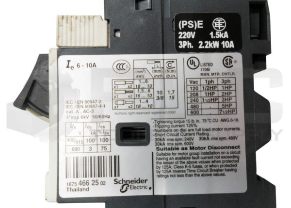 SCHNEIDER ELECTRIC GV2ME14/6-10A CIRCUIT BREAKER 6-10A 220V 3PH - Image 5