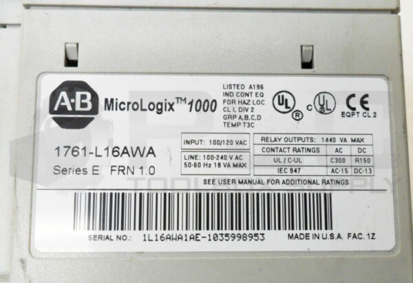 ALLEN BRADLEY 1761-L16AWA /E MICROLOGIX 1000 CONTROLLER 100-120VAC 50/60HZ - Image 5
