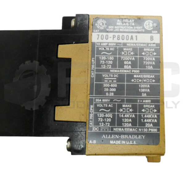 ALLEN BRADLEY 700-P800A1 /B CONTACTOR 10A 600VAC W/ 700-PB20 /A ADDER DECK - Image 7