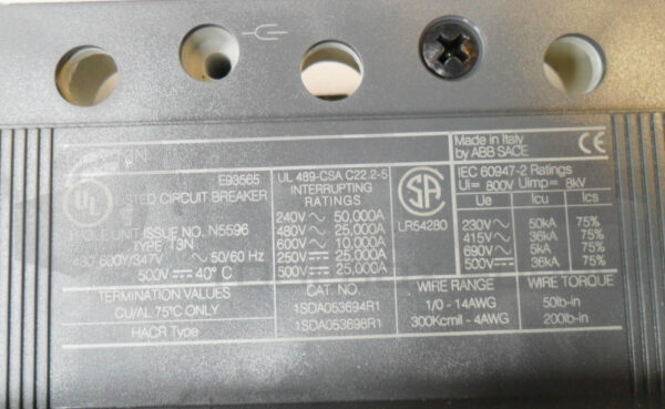 NEW ABB SACE TMAX T3 N 225 CIRCUIT BREAKER 125A 3 POLE 600V 50/60HZ *READ* - Image 8