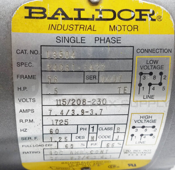 BALDOR L3504 MOTOR 0.5HP 1PH 1725RPM FR: 56, 34C61-5422 - Image 5