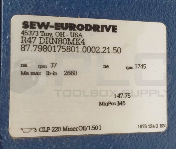 SEW EURODRIVE D47 DRN80MK4 GEAR MOTOR RATIO: 47.75 0.75HP - Image 4