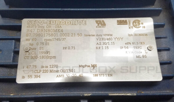 SEW EURODRIVE D47 DRN80MK4 GEAR MOTOR RATIO: 47.75 0.75HP - Image 5