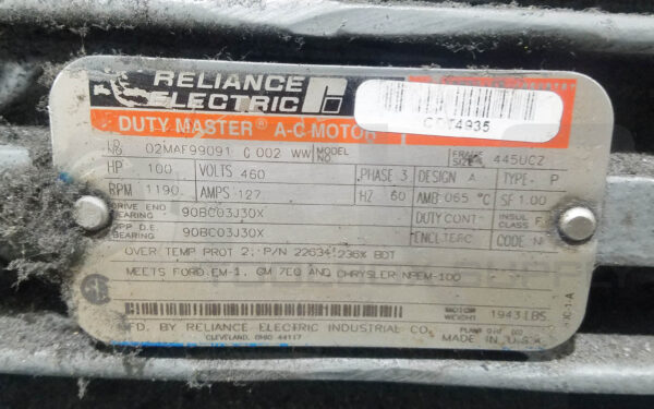 RELIANCE ELECTRIC 02MAF99091 C 002 WW 100HP 3PH 1190RPM FR: 445UCZ VOLTS: 460 - Image 6