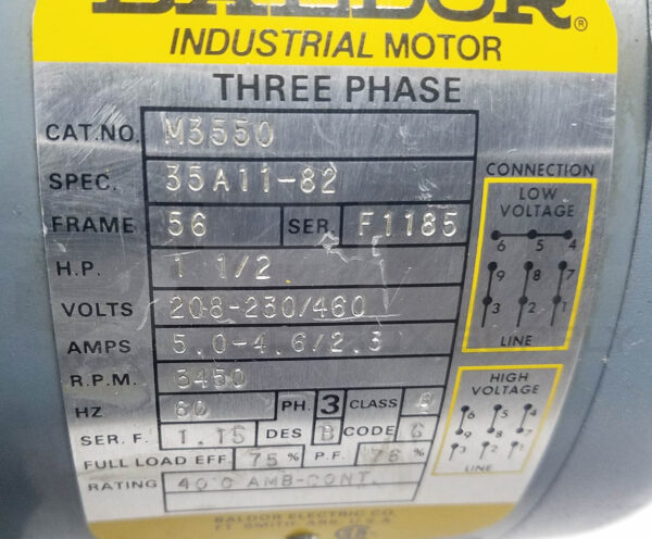 NEW BALDOR M3550 MOTOR 1.5HP 3PH 3450RPM FR: 56, 35A11-82 - Image 6
