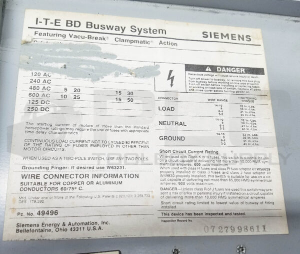 I-T-E SIEMENS BD SWITCH PLUG BUSWAY SYSTEM - Image 4