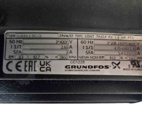 NEW GRUNDFOS MTC4-6/4A-WB-A-AOOV PUMP MOTOR 3465RPM 145PSI, ML80BA-2-56C-C2 - Image 5