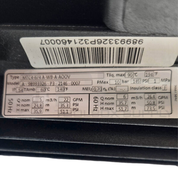 NEW GRUNDFOS MTC4-6/4A-WB-A-AOOV PUMP MOTOR 3465RPM 145PSI, ML80BA-2-56C-C2 - Image 6