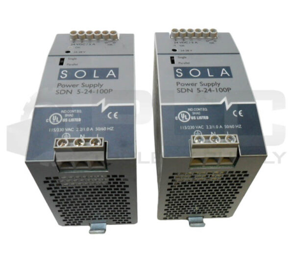 LOT OF 2 SOLA SDN 5-24-100P POWER SUPPLY 115-230VAC 2.2/1.0A 50/60HZ