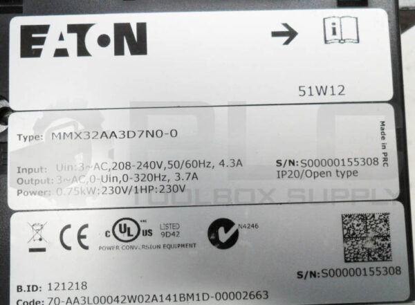 EATON MMX32AA3D7N0-0 INVERTER DRIVE MODULE 208-240V 50/60HZ 4.3A - Image 5