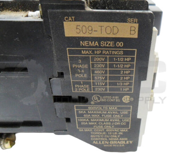 ALLEN BRADLEY 509-TOD /B FULL VOLTAGE STARTER 3PH 600V 9A *READ* - Image 5