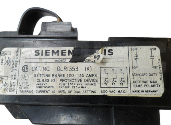 SIEMENS OLR1353 OVERLOAD RELAY 120-135A 600VAC - Image 4