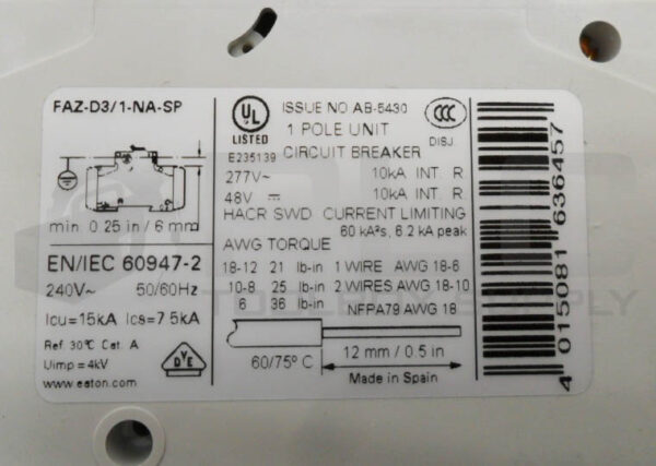 NEW EATON FAZ-D3/1-NA-SP CIRCUIT BREAKER 3A 240V - Image 5