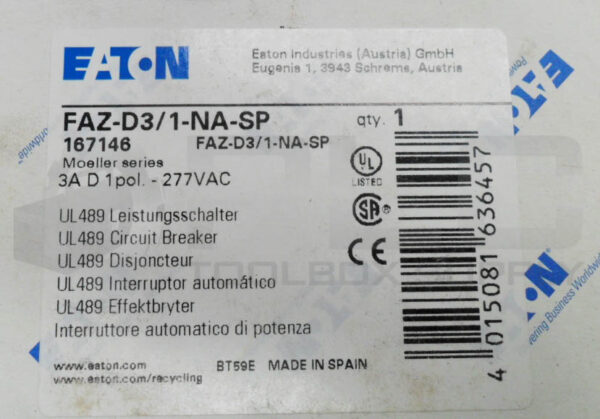 NEW EATON FAZ-D3/1-NA-SP CIRCUIT BREAKER 3A 240V - Image 6