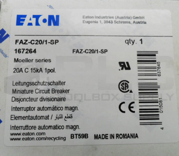 LOT OF 2 NEW EATON FAZ-C20/1-SP CIRCUIT BREAKER 20A167264 - Image 7