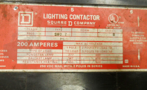 SQUARE D 8903 SV02 /B LIGHTING CONTACTOR 200A 600V 250VDCW/ 31091-400-38 COIL - Image 7