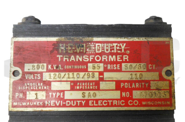 HEVI-DUTY ELECTRIC SA0 TRANSFORMER 50/60HZ 120V 1PH D70115 - Image 5