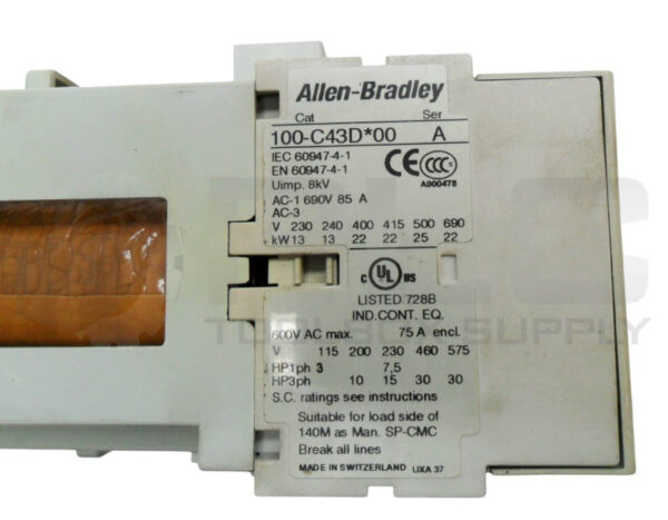 ALLEN BRADLEY 100-C43D*00 /A CONTACTOR 600VAC 75A W/ 100-S /B CONTACT BLOCK - Image 6