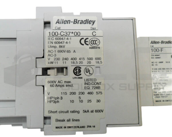 ALLEN BRADLEY 100-C37*00 /C CONTACTOR 600VAC 60A W/ 100-F /A CONTACT BLOCK - Image 6