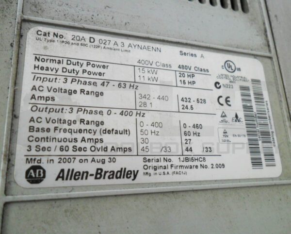 ALLEN BRADLEY 20A D 027 A 3 AYNAENN /A AC DRIVE 20AD027A3AYNAENN W/ 20-COMM-E - Image 9
