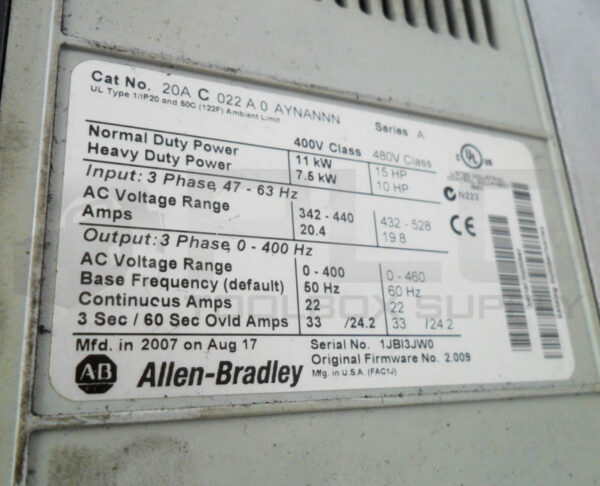 ALLEN BRADLEY 20A C 022 A 0 AYNANNN /A AC DRIVE 20AC022A0AYNANNN W/ 20-COMM-E - Image 9