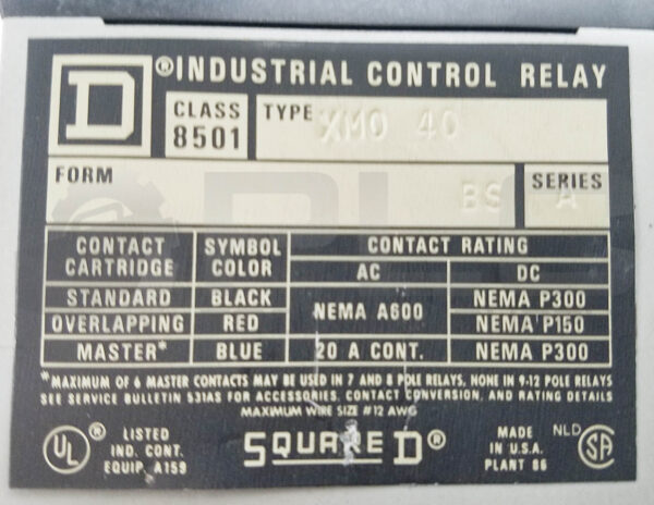 SQUARE D 8501-XMO40 /A CONTROL RELAY 20A 6P 120V/60Hz 110V/50Hz, 8501XM040 - Image 4