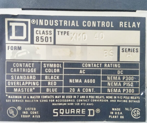 SQUARE D 8501-XMO40 /A CONTROL RELAY 120V/60Hz 110V/50Hz w/ 8501 XB-20 RELAY - Image 5