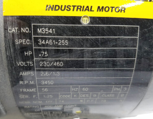 NEW BALDOR M3541 MOTOR 3/4HP 3PH 3450RPM FR: 56, 34A61-255 - Image 6