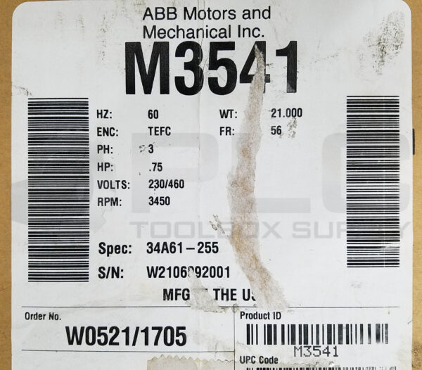 NEW BALDOR M3541 MOTOR 3/4HP 3PH 3450RPM FR: 56, 34A61-255 - Image 7