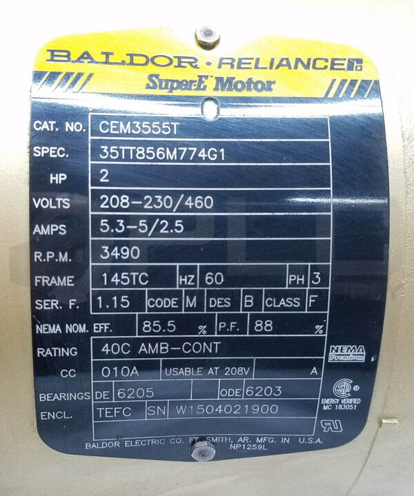 BALDOR CEM3555T 2HP 3PH 3490RPM FR: 145TC, 35TT856M774G1 - Image 6