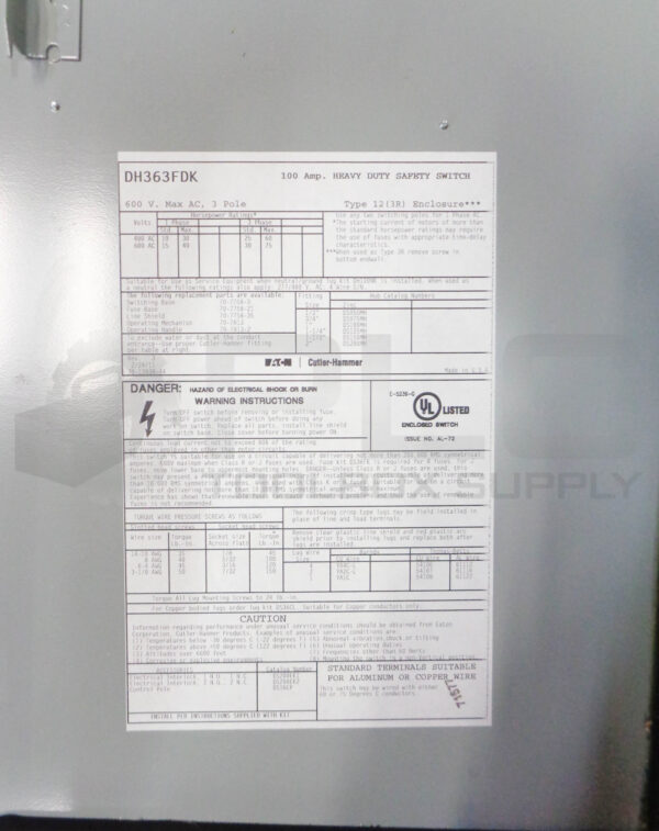 NEW CUTLER HAMMER DH363FDK HEAVY DUTY SAFETY SWITCH, 100A 600V 3POLE FUSIABLE - Image 4