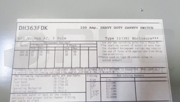NEW CUTLER HAMMER DH363FDK HEAVY DUTY SAFETY SWITCH, 100A 600V 3POLE FUSIABLE - Image 5