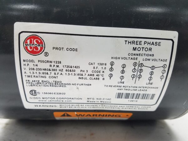 US MOTORS P55CRW-1228 MOTOR 1/4HP 3PH 1725RPM FR: 48YZ, CAT 13816 - Image 6
