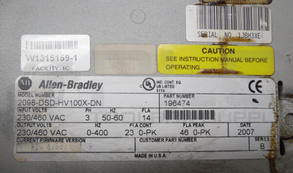 ALLEN BRADLEY 2098-DSD-HV100X-DN  /B SERVO DRIVE 3PH 230/460VAC - Image 5
