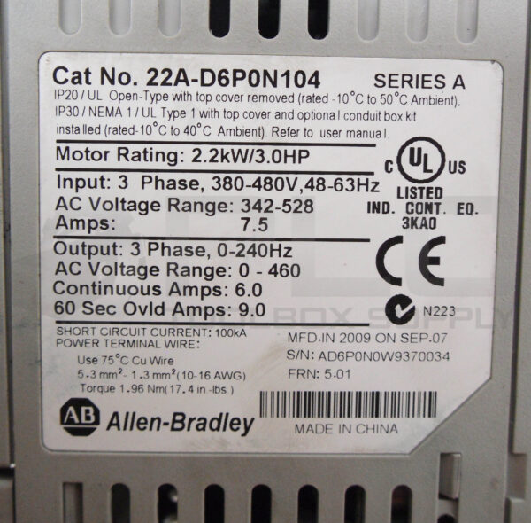 ALLEN BRADLEY 22A-D6P0N104 SER A POWERFLEX 3HP 3PH 380-480V 48-63HZ - Image 8