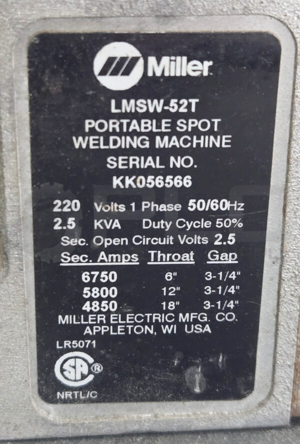 MILLER LMSW-52T PORTABLE SPOT WELDING MACHINE 1PH 220V 2.5KVA 50/60HZ - Image 9