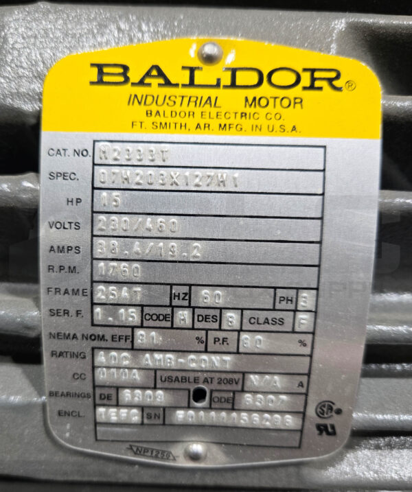 NEW BALDOR M2333T MOTOR 15HP 1760RPM 3PH FR: 254T; 07H203X127H1 - Image 5