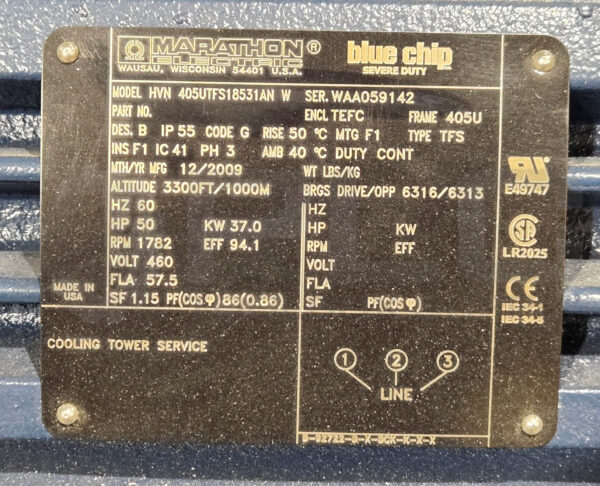 NEW MARATHON HVN 405UTFS18531AN W MOTOR 3PH 50HP 1782RPM 37KW 460V 60HZ FR: 405U - Image 6