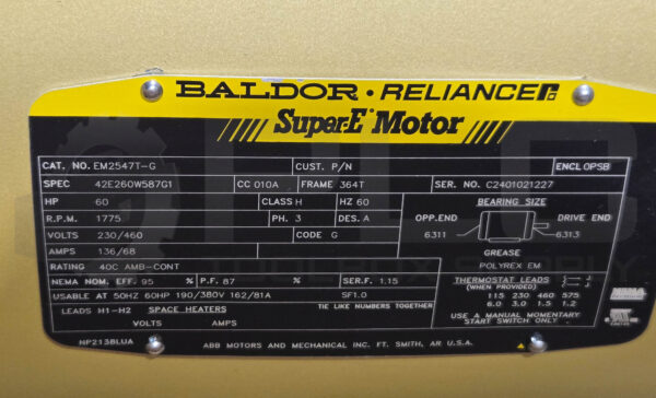 NEW BALDOR EM2547T-G MOTOR 3PH 60HP 1775RPM FR: 364T; 42E260W587G1 - Image 5