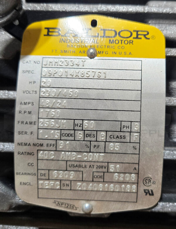 NEW BALDOR JMM2334T MOTOR 3PH 20HP 1760RPM FR: 256JM; 09P014X857G1 - Image 5