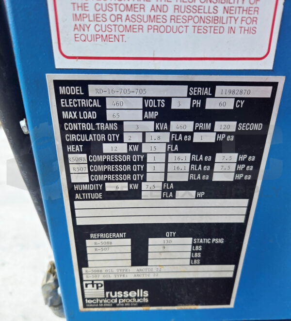 RUSSELLS RD-16-705-705 ENVIRONMENTAL CHAMBER 3PH 460V 65AMP *READ* - Image 12