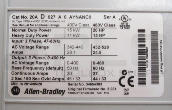 ALLEN BRADLEY 20AD027A0AYNANC0 /A POWERFLEX AC DRIVE 20HP    *UPS RED AVAILABLE* - Image 5