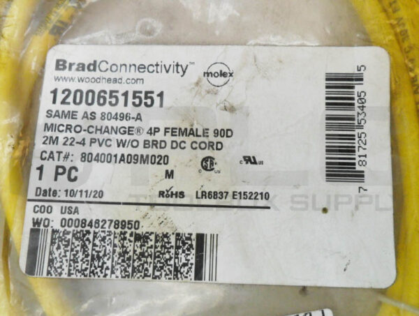 SEALED NEW WOODHEAD 804001A09M020 SINGLE ENDED CORDSET 4P F 2M *READ* - Image 4