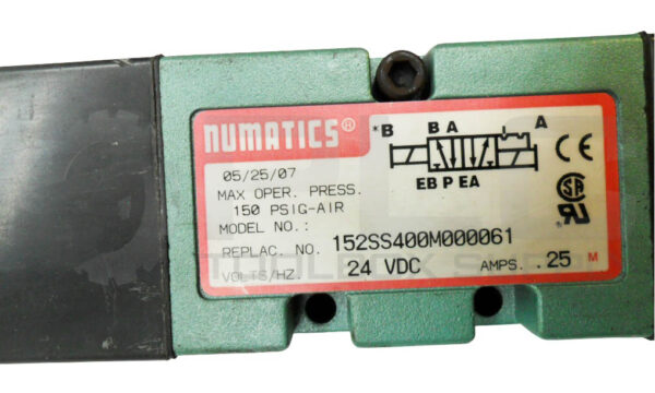 NUMATICS 152SS400M000061 PNEUMATIC VALVE 150PSIG 24VDC .25A W/ (2) 225-372B COIL - Image 6