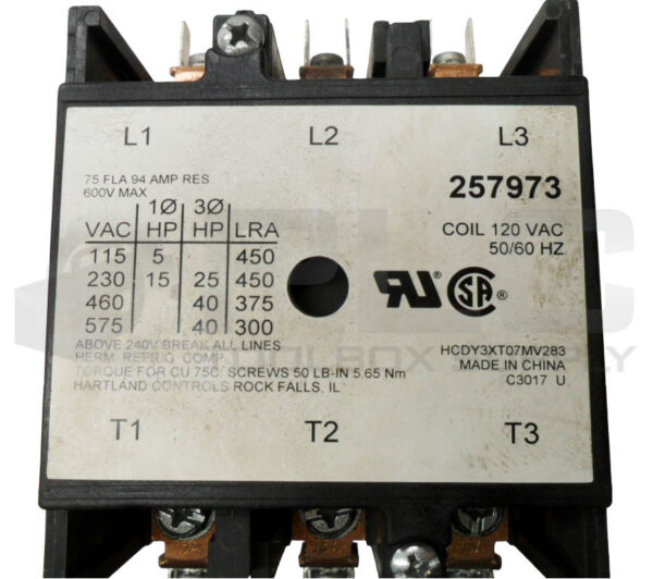 NEW HARTLAND CONTROLS 257973 CONTACTOR 120VAC 50/60HZ 94A 600V HCDY3XT07MV283 - Image 5