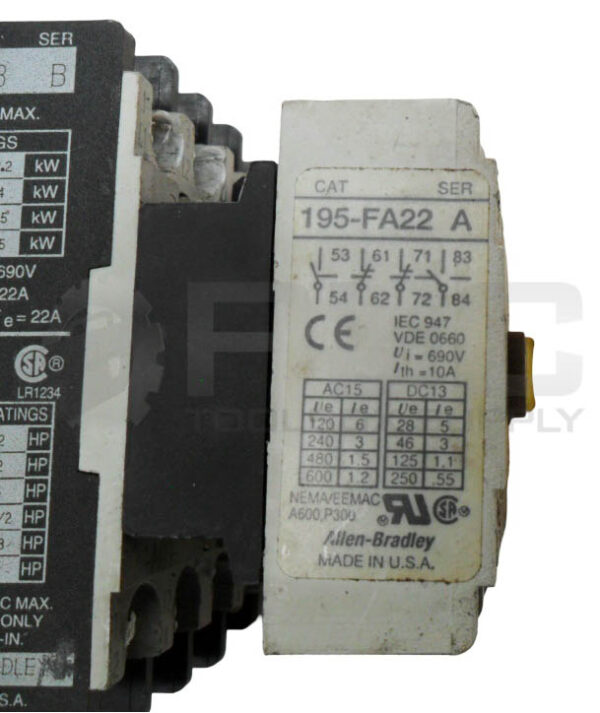 ALLEN BRADLEY 100-A09ND3 /B CONTACTOR W/ 195-FA22 /A W/ 199-FSMA10 /B W/ HA473 - Image 7