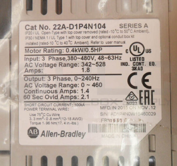 SEALED NEW ALLEN BRADLEY 22A-D1P4N104 /A AC DRIVE 380-480V 48-63HZ 3PH 1.8A - Image 5